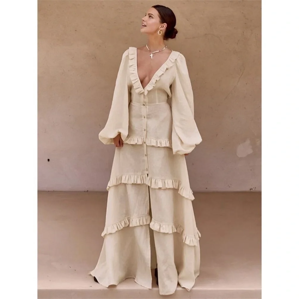 Commense Cotton & Linen Ruffled Maxi Dress Long Sleeve Button Boho Bohemian S - Picture 1 of 4